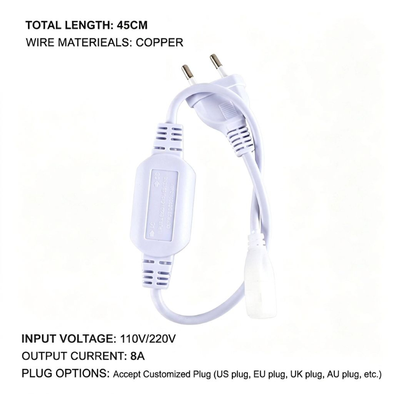 Wireless LED Rope Light Power Supply Cord 45cm Copper Wire 8A AC 110V 220V Driver Adapter Cable with US EU UK AU Custom Plug - 图片 2