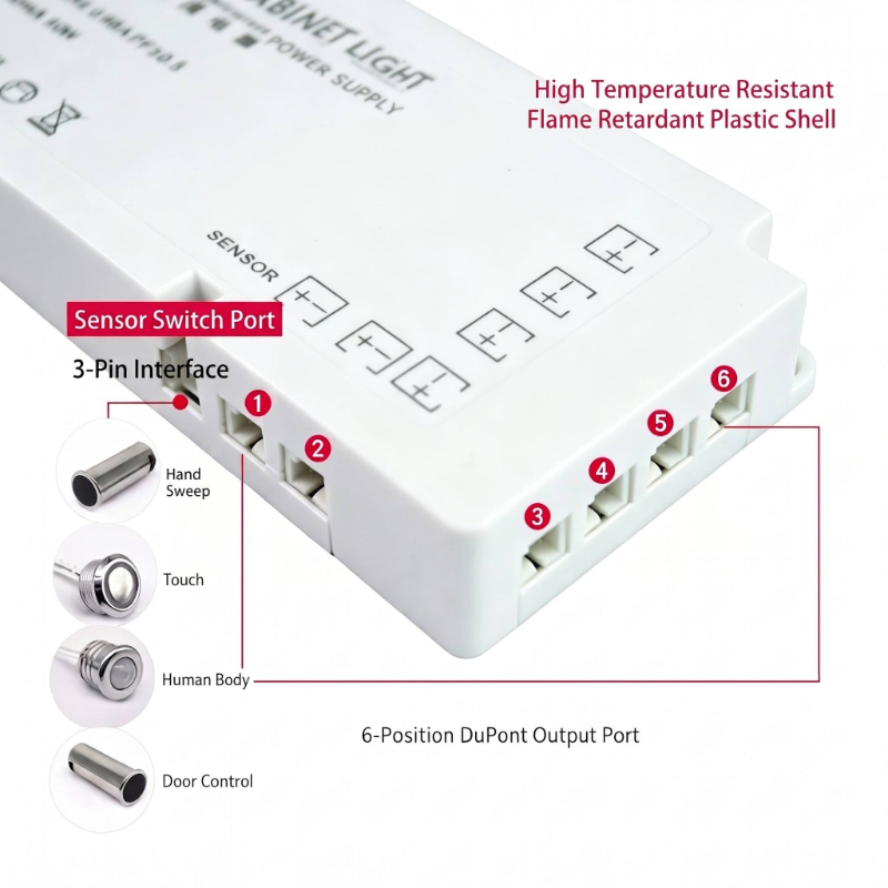 12V 24V LED Cabinet Power Supply DuPont Interface Smart Wardrobe Transformer With PIR Motion Hand Sweep Touch Sensor Switch For Home Kitchen Bathroom Closet Under Cabinet Lighting - 图片 4