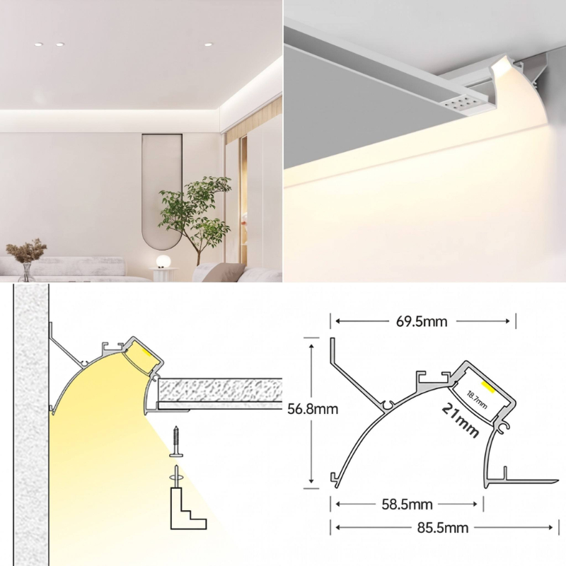 .Surface Mount Crown Molding LED Aluminum Profile No Slotting Cornice Channel Linear Ceiling Light with Hidden Driver Space Easy to Install Suitable for Indoor Living Room Bedroom Kitchen Hallway Decor - 图片 4
